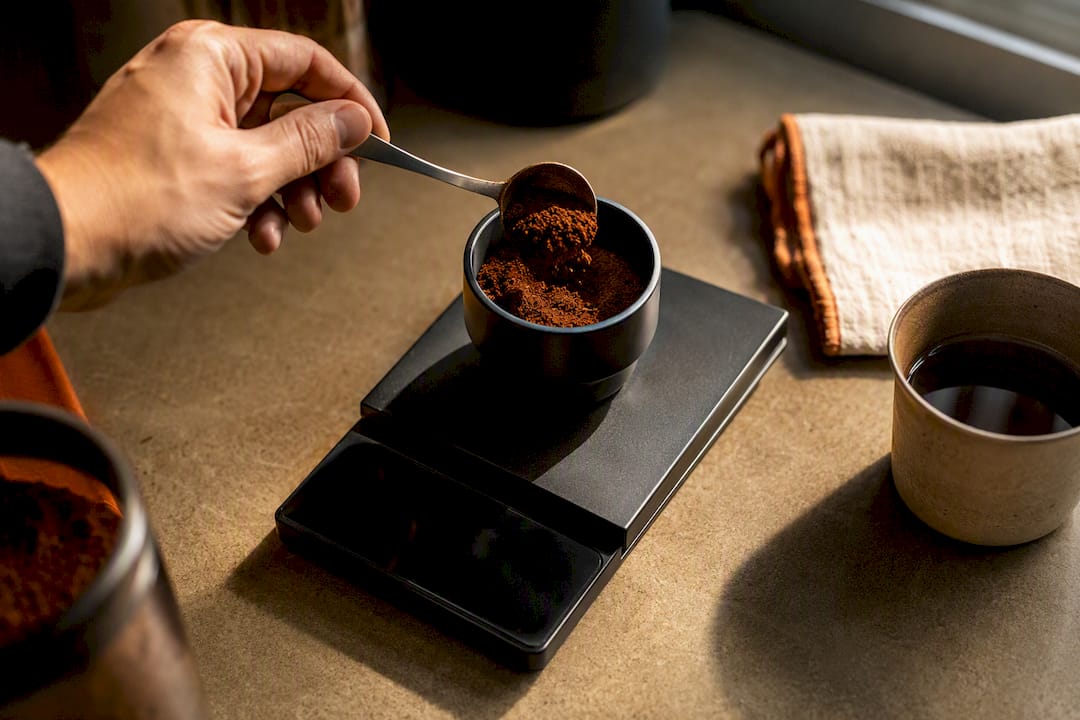 Coffee grounds measured on a scale