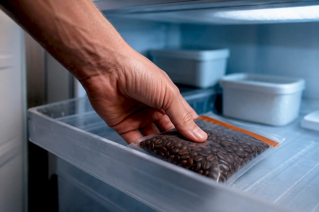 Hand placing sealed coffee beans in freezer