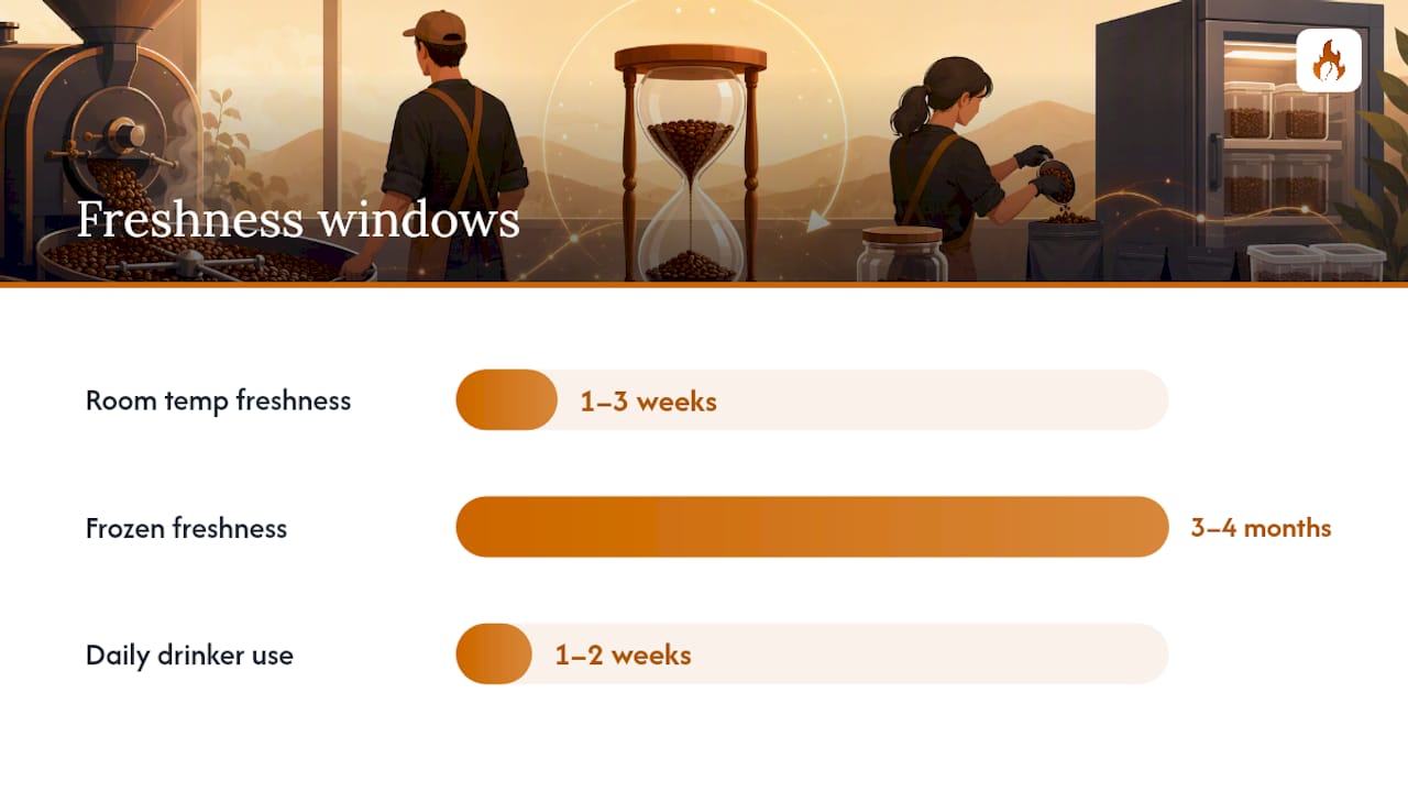 Coffee freshness windows at room temperature and frozen