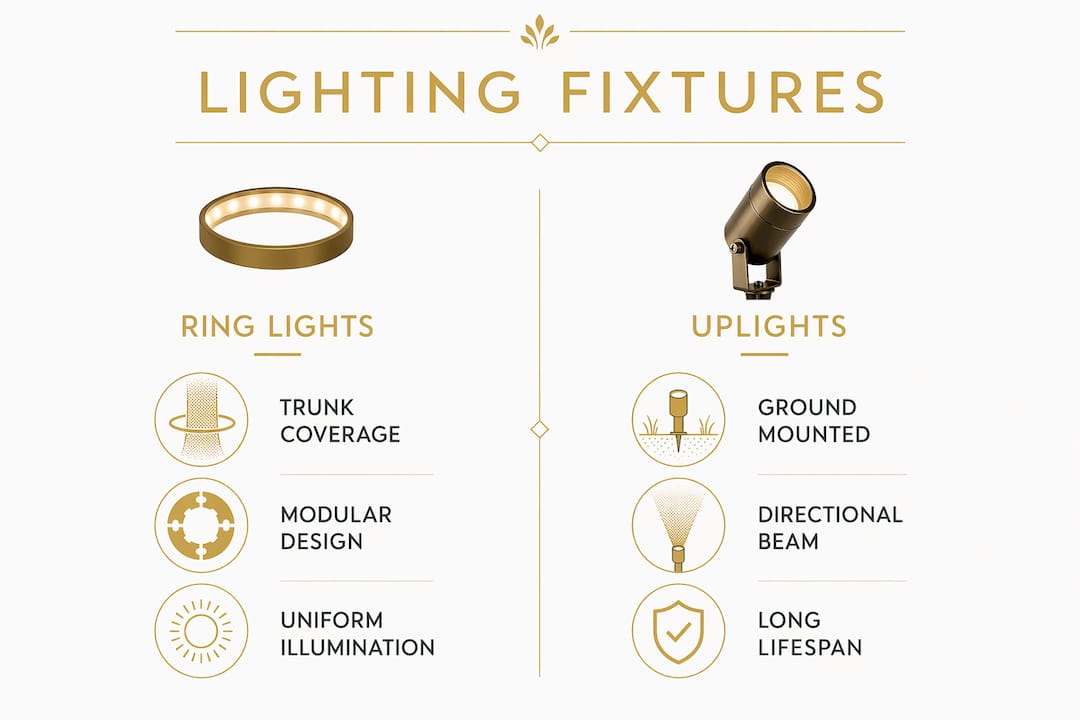 Infographic comparing ring lights and uplights for palm trees