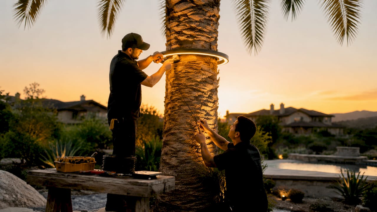 Hands installing ring light on palm tree trunk