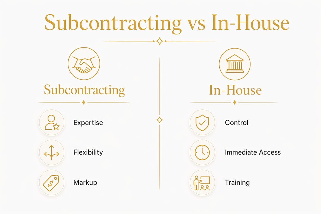 Comparison infographic of subcontracting versus in-house landscape lighting