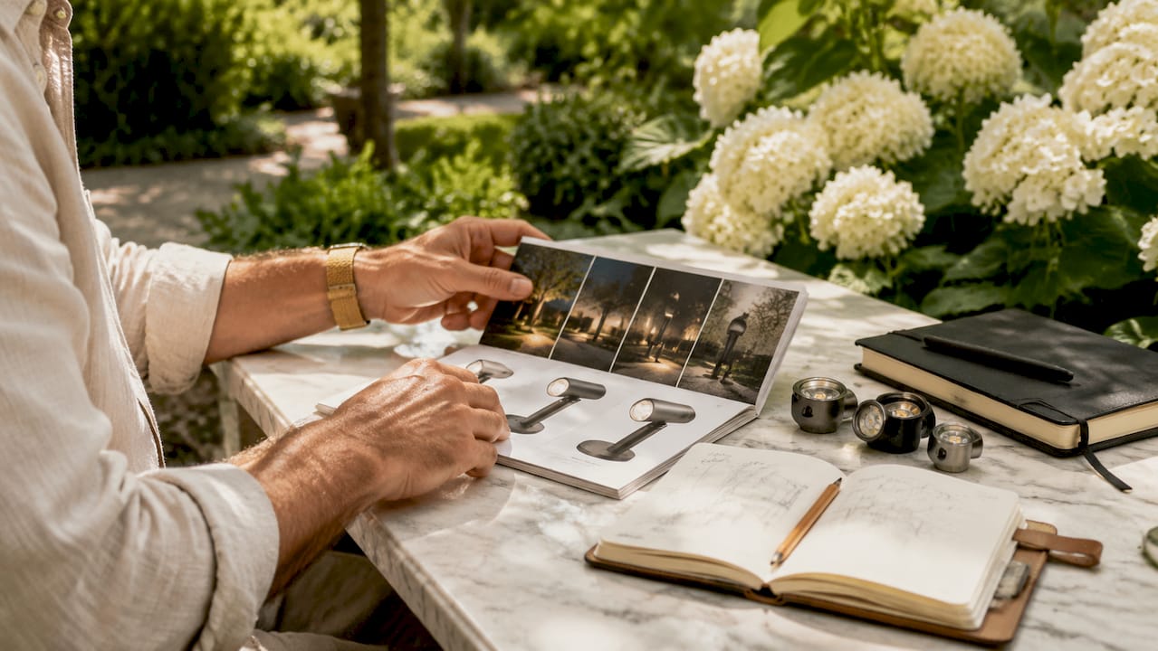 Hands examining landscape lighting fixtures catalog