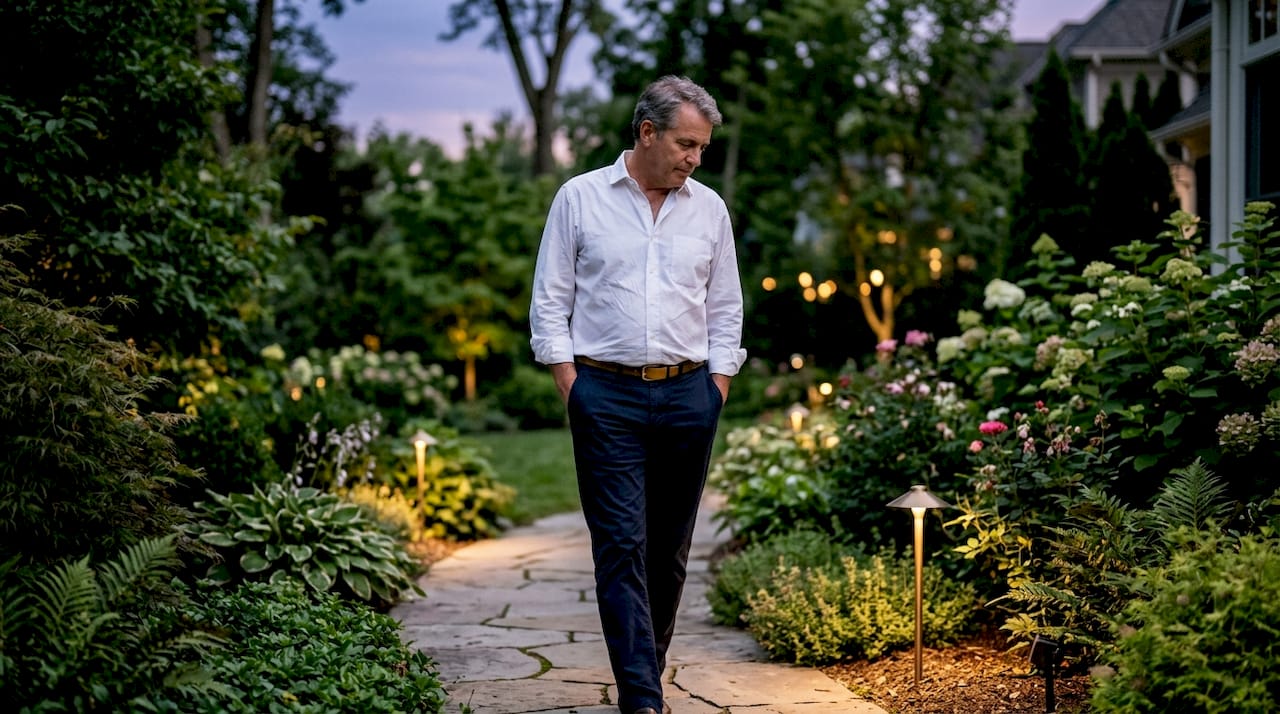 Man walking property planning outdoor lighting