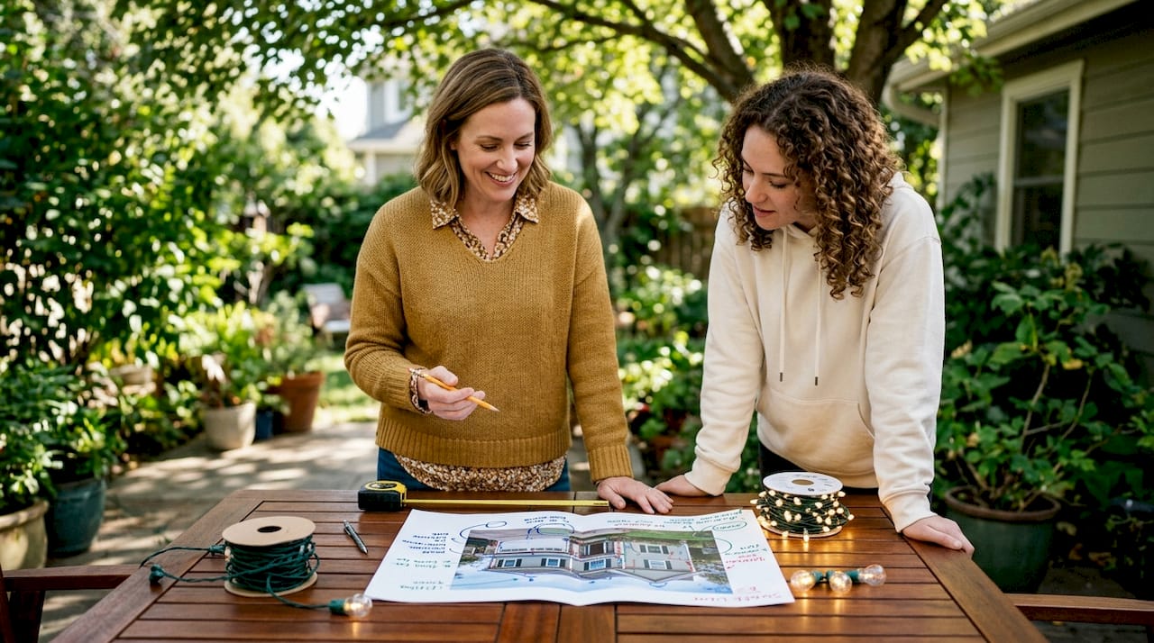 Hands planning Christmas light placement with photo