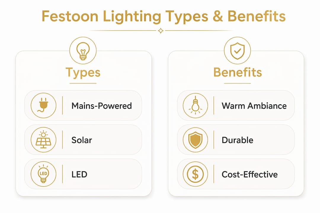Infographic comparing types and benefits of festoon lighting