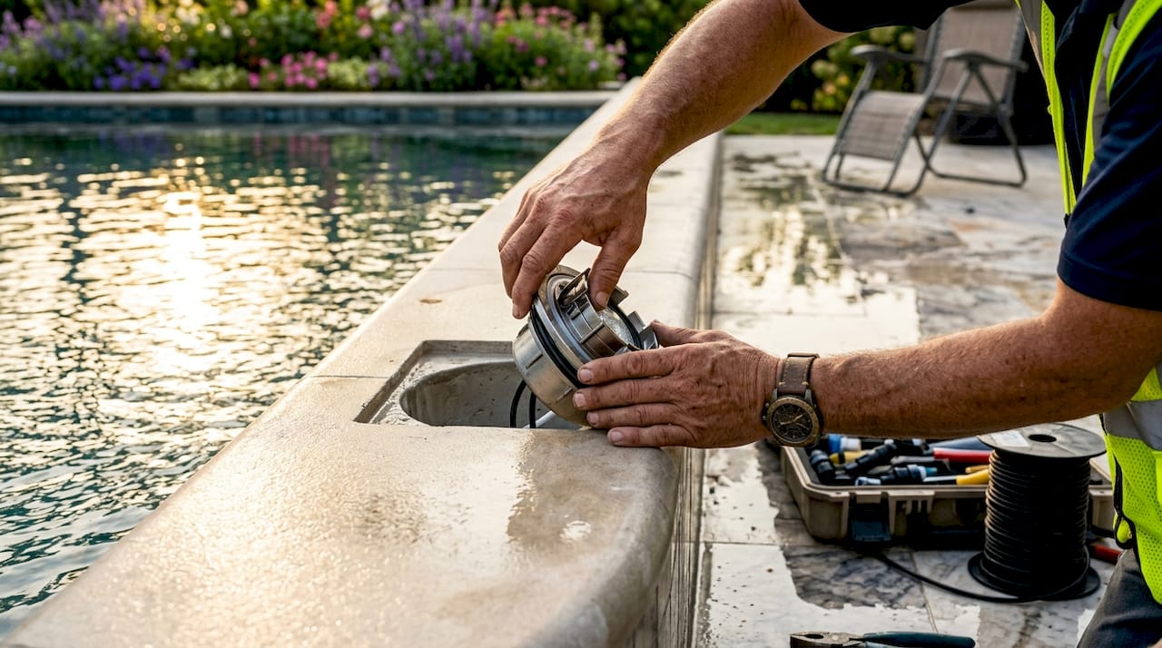 Hands installing LED pool light fixture on pool wall
