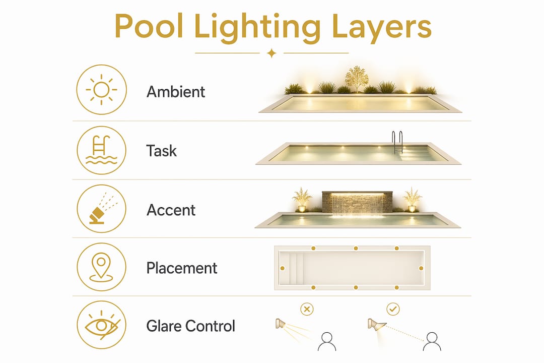 Infographic illustrating key pool lighting layers and principles