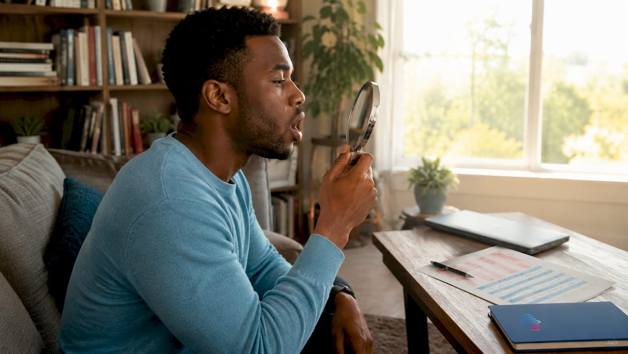 Man practicing English sounds in speech therapy room