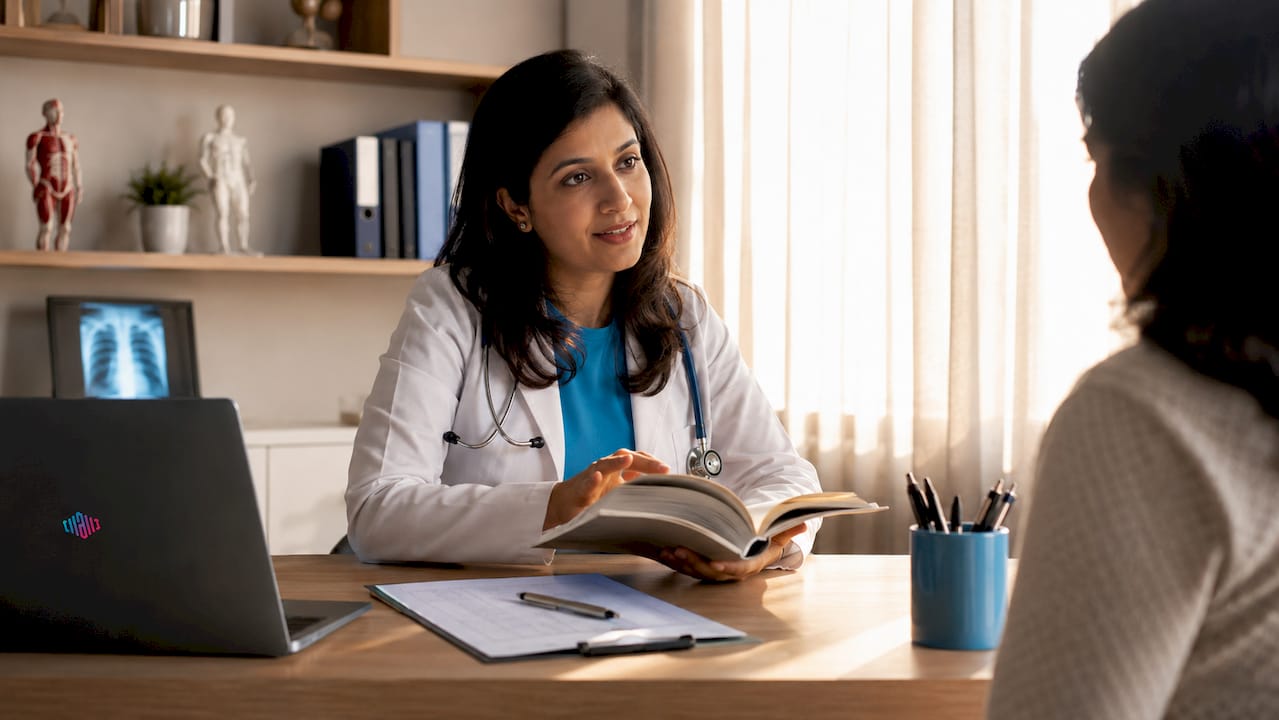 Healthcare professional speaking in clinical setting
