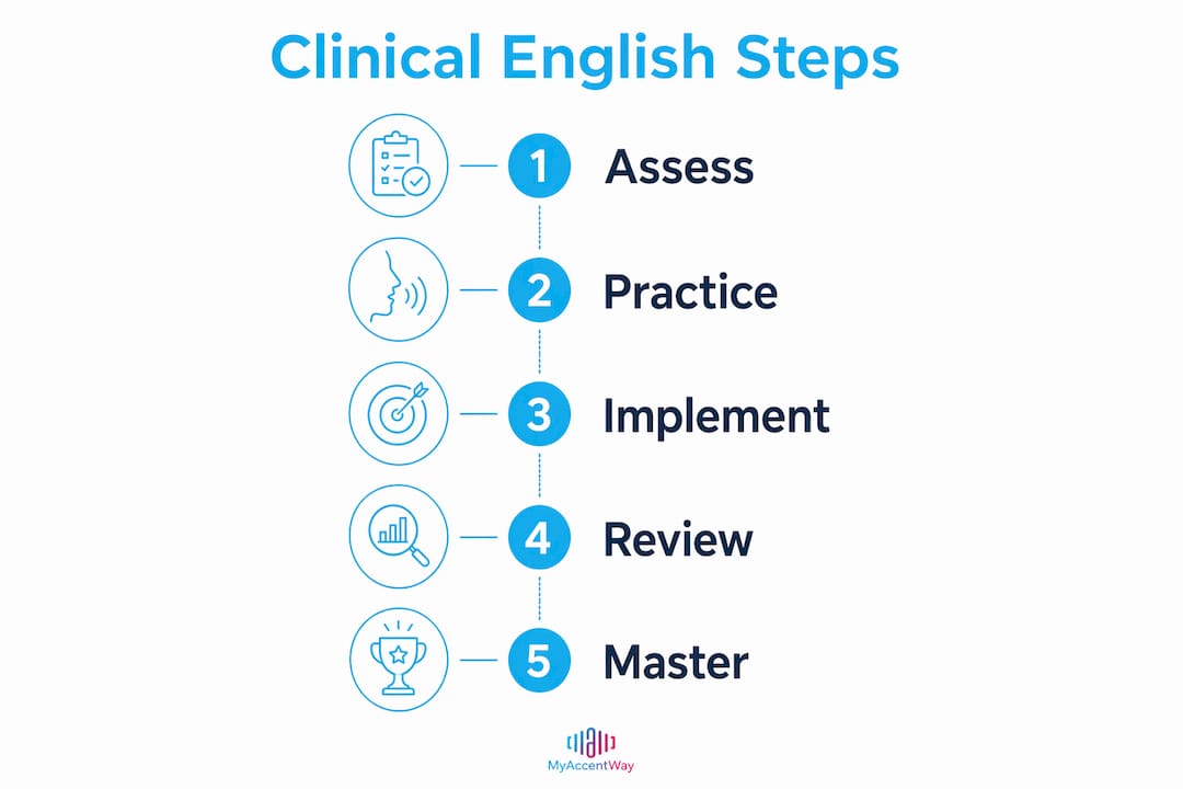 Infographic showing clinical English learning steps