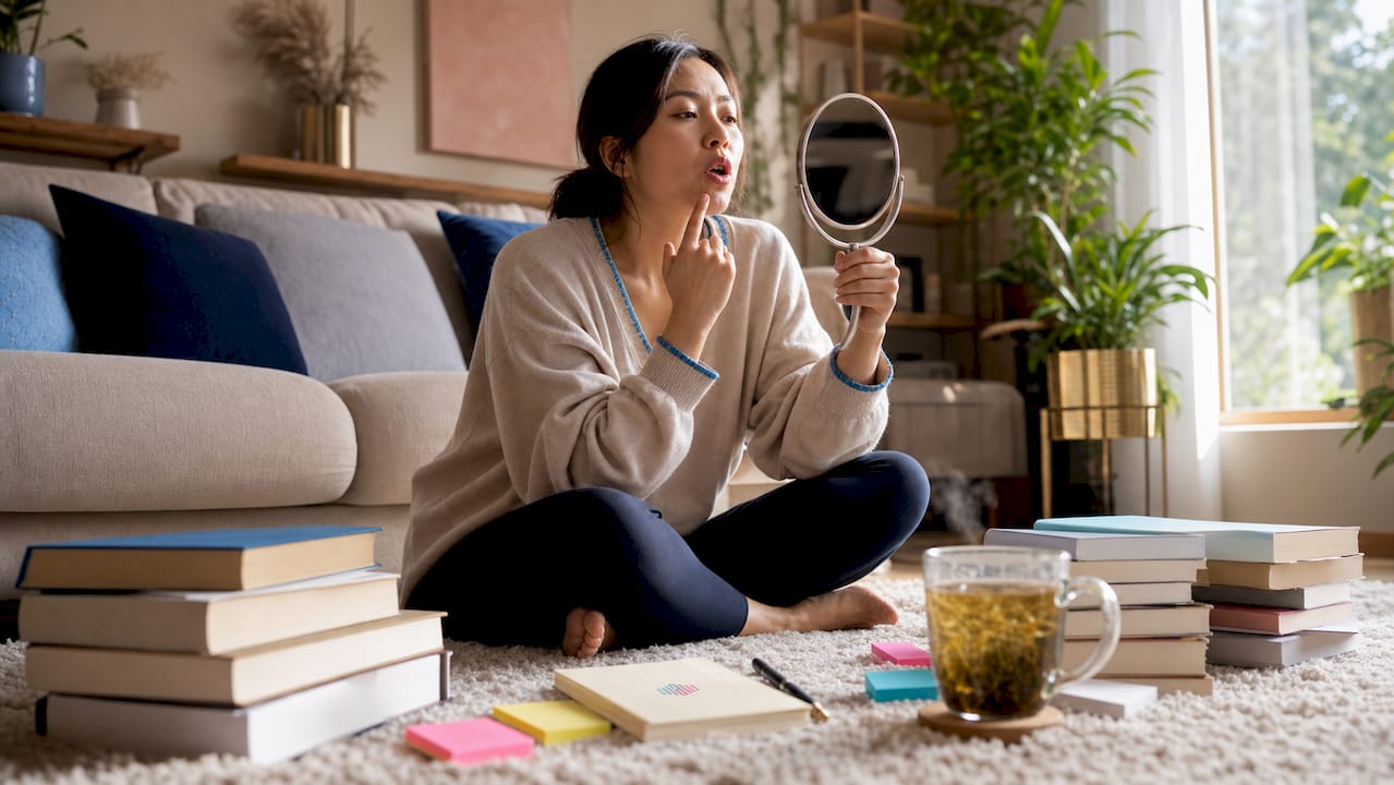 Woman practicing American pronunciation at home desk