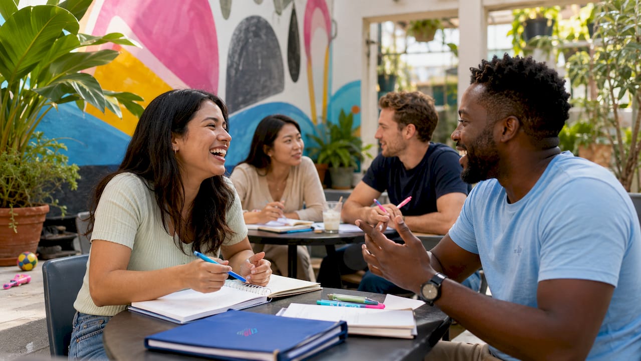 Diverse group practicing informal English in classroom
