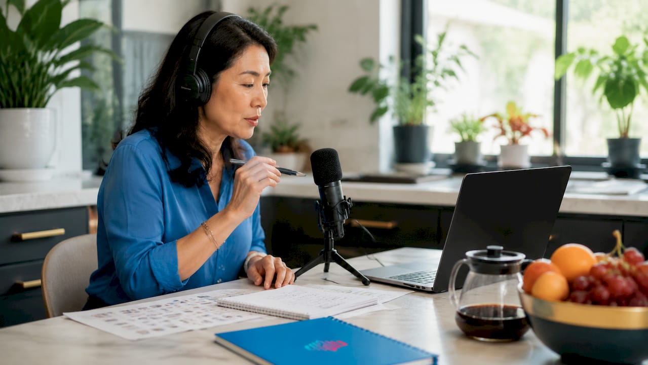 Woman practicing American English pronunciation with headset