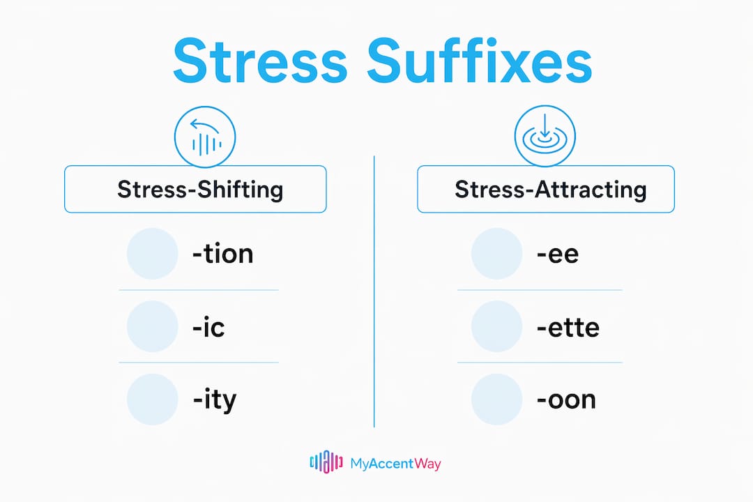 Infographic comparing stress-shifting and stress-attracting suffixes