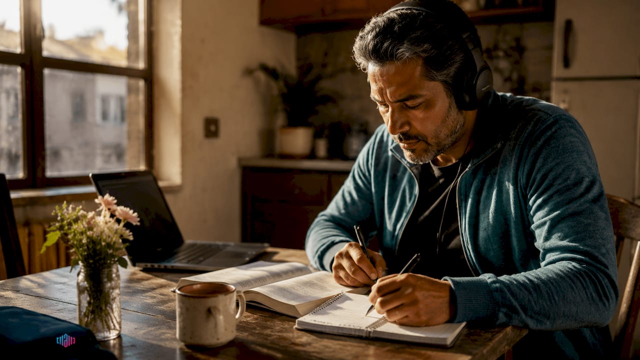 Immigrant man studying English pronunciation at home
