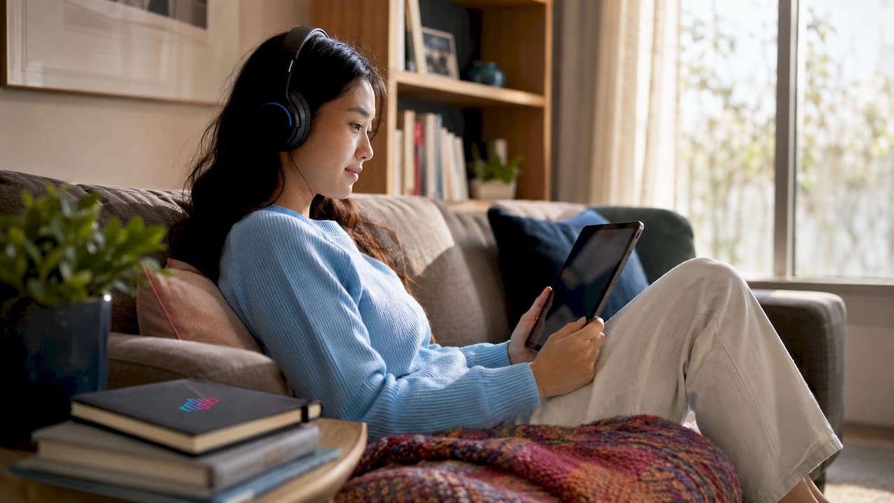 Young woman listening to accent training audio