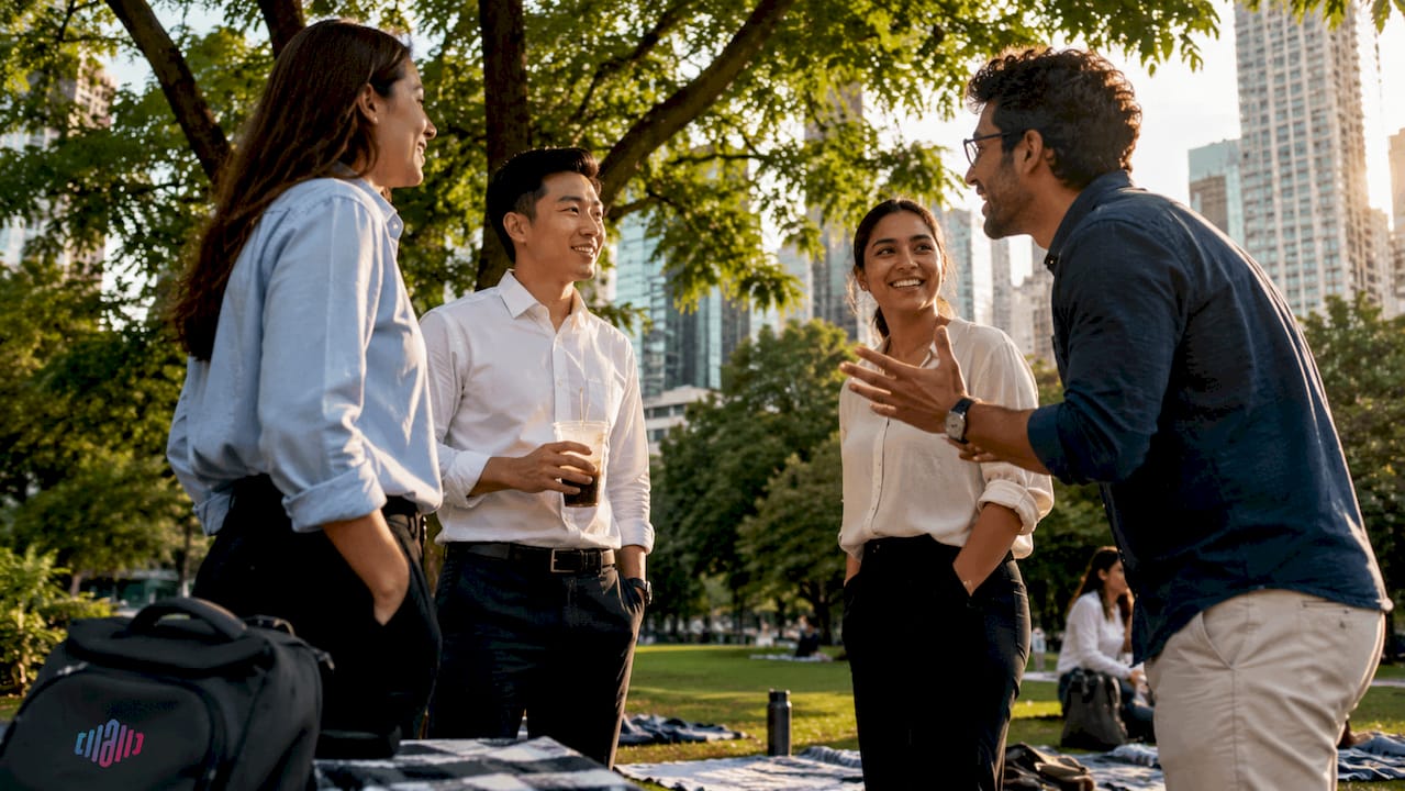 Diverse professionals chatting at coffee shop