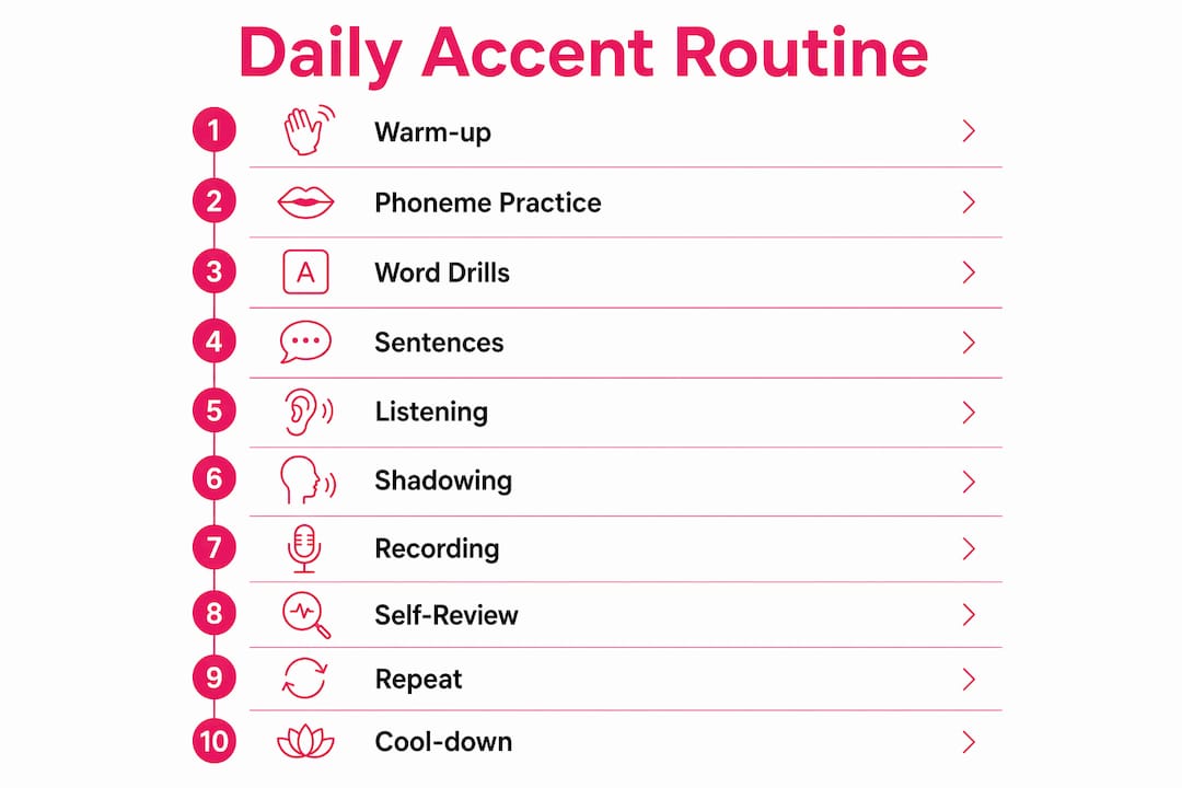 Infographic showing 10-step daily American accent routine