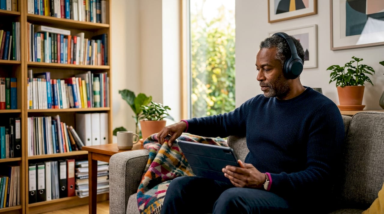 Man selecting American accent model with headphones