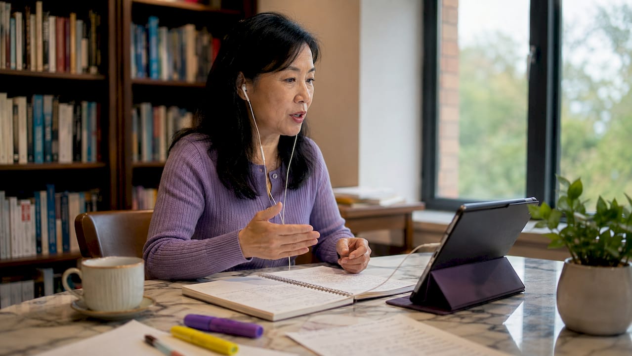 Woman practicing academic intonation aloud