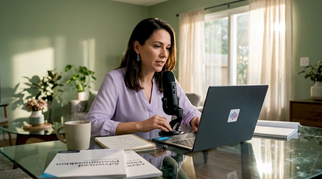 Woman practicing American English pronunciation at home