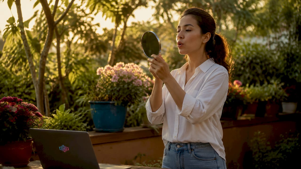 Woman practicing American English pronunciation at home
