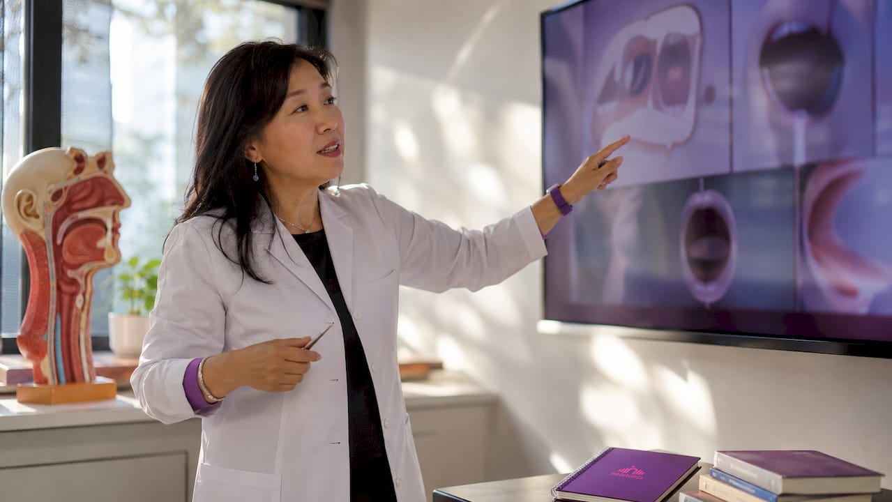 Medical professional practicing phonetic training on tablet
