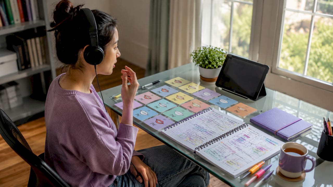 Asian woman practicing English pronunciation at desk