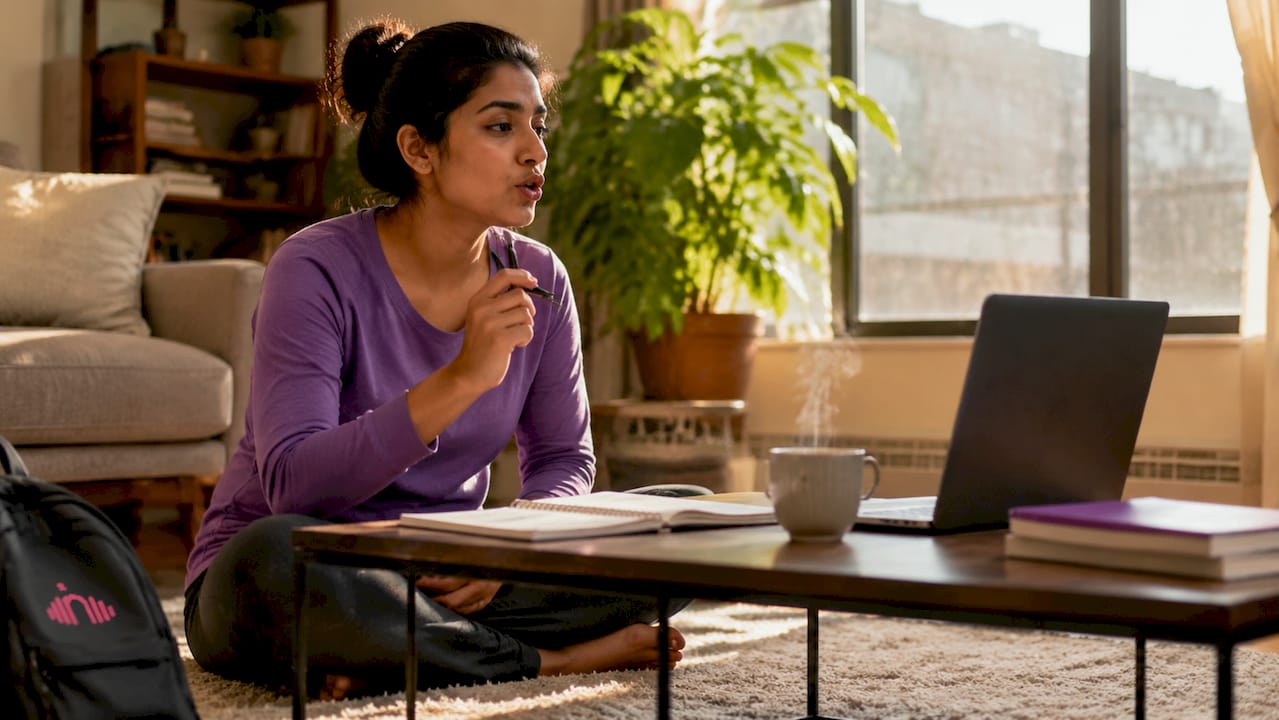 Woman practicing American consonant pronunciation at desk