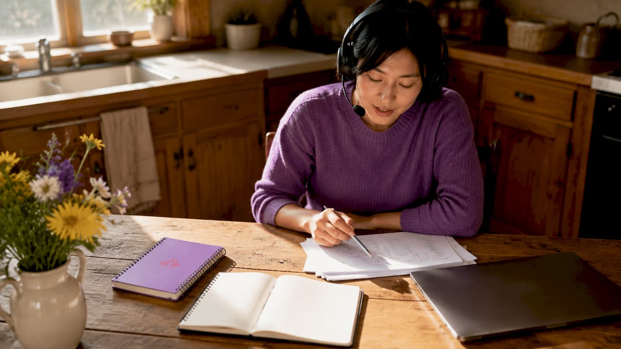 Professional practicing pronunciation at home office desk