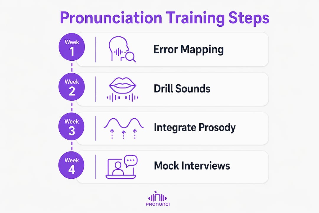 Infographic outlining four-week pronunciation training steps