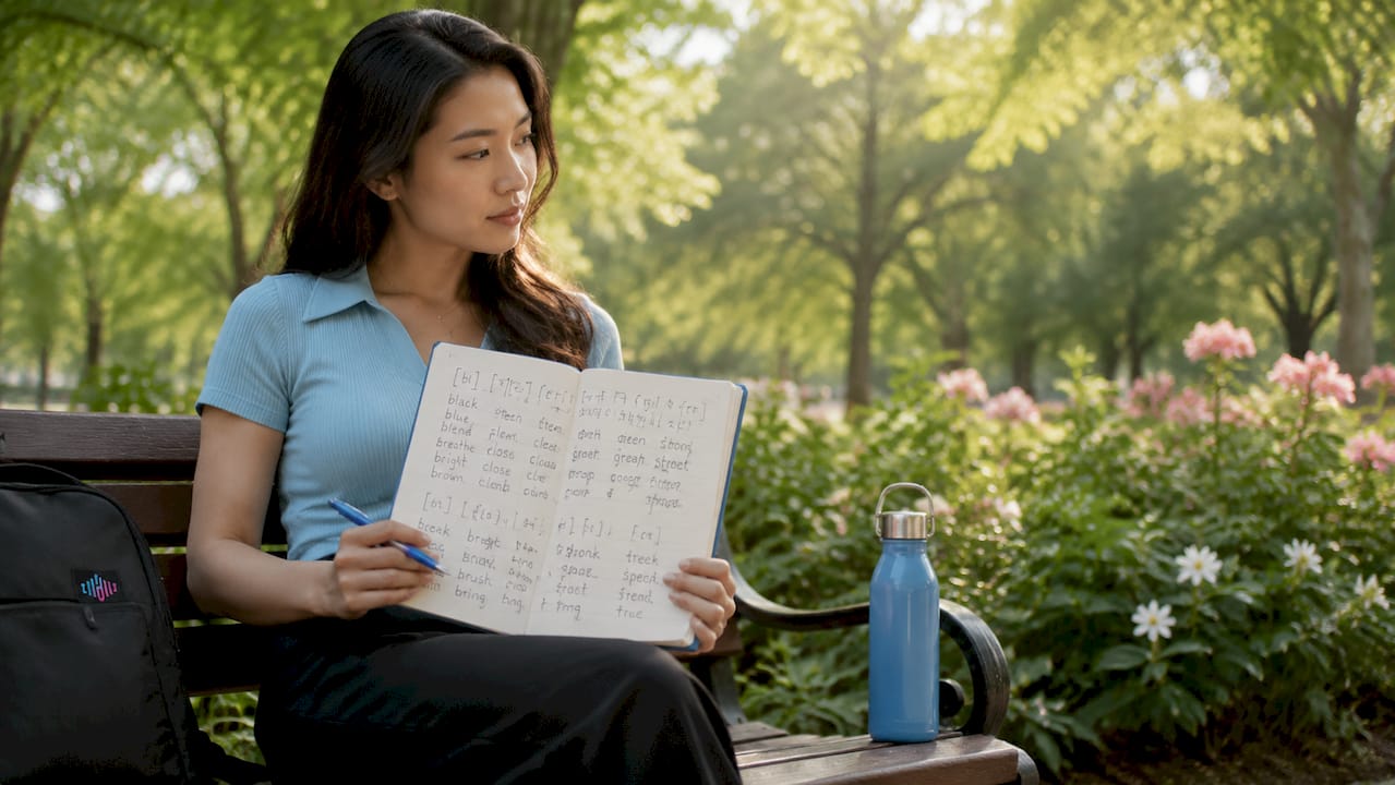 Hands practicing American English consonant clusters on tablet
