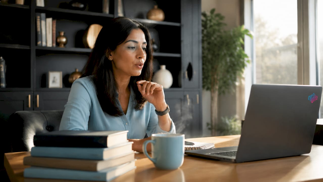 Professional woman practicing American accent in home office