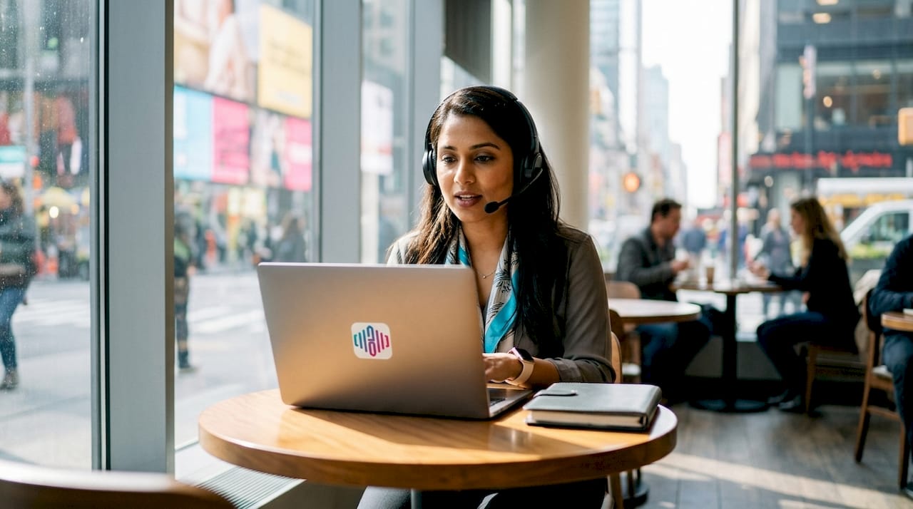 South Asian woman practicing American English pronunciation at desk