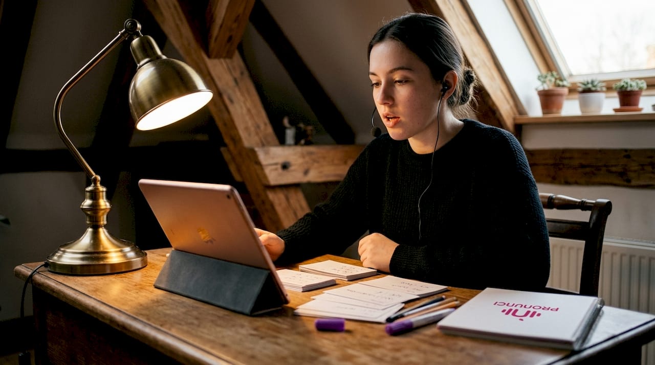 Woman practicing phoneme awareness at desk
