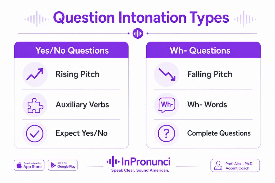 Infographic comparing yes/no and wh- question intonation patterns