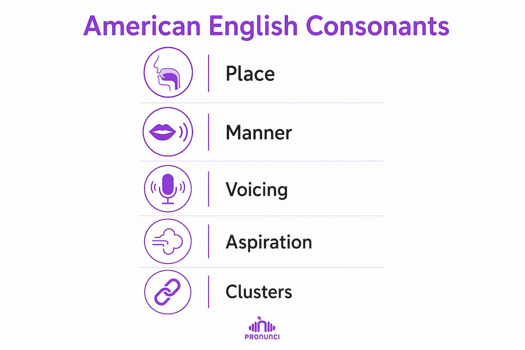 Infographic showing American English consonant pronunciation concepts