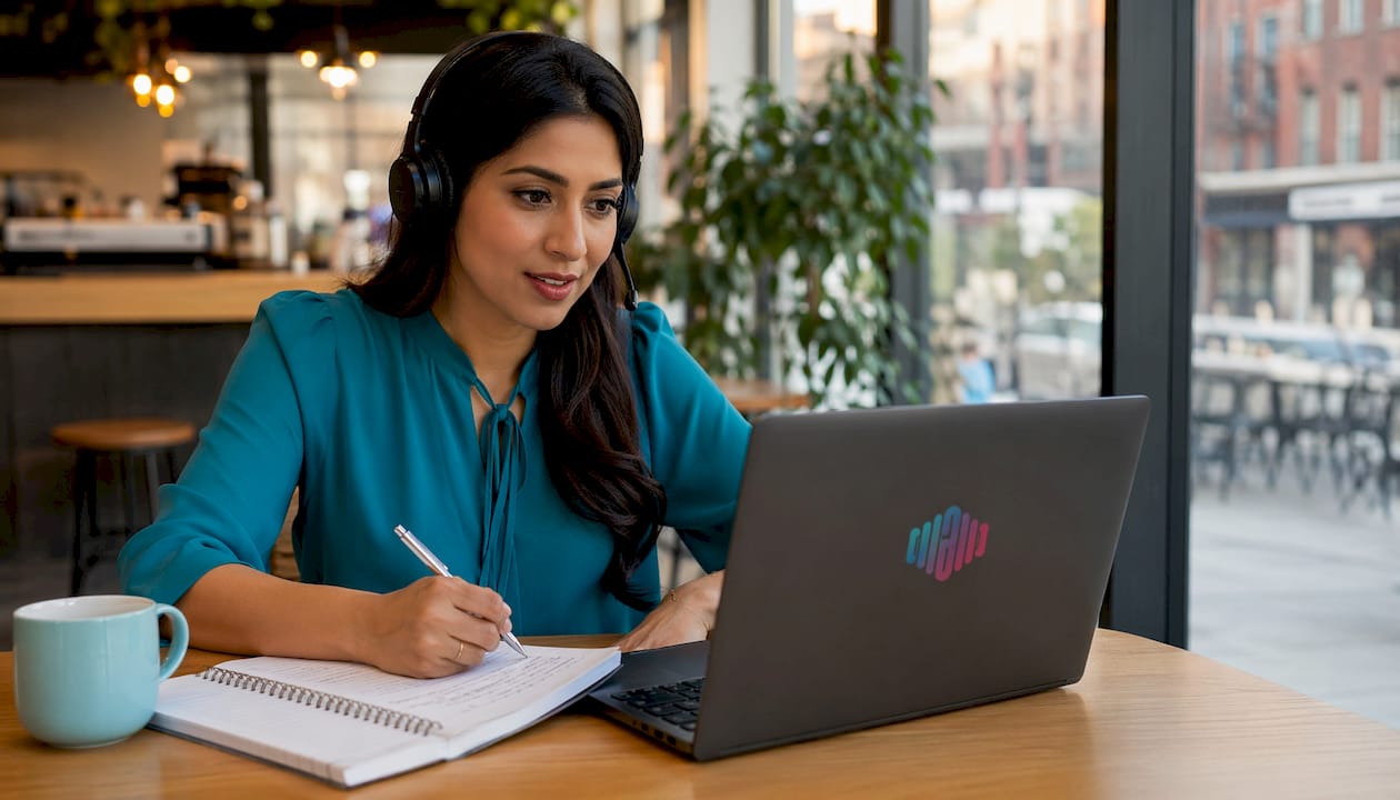 Woman practicing American English pronunciation online