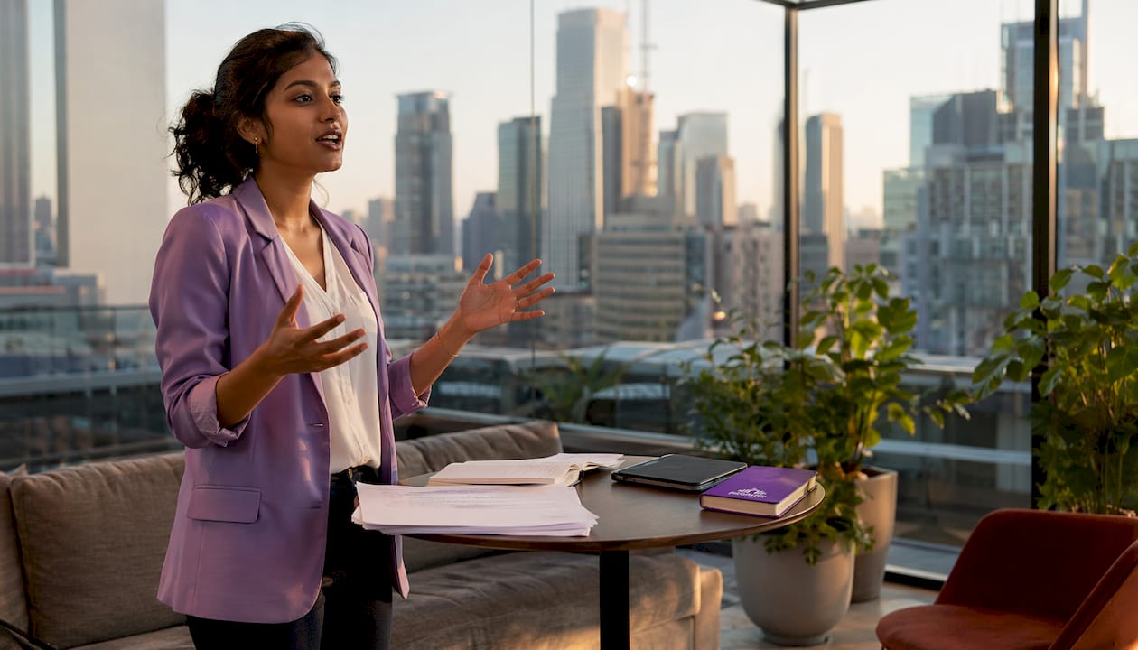 Non-native speaker presenting confidently in conference room