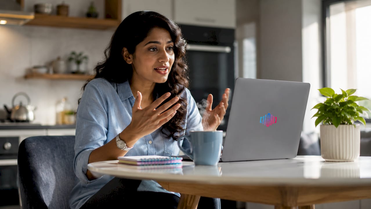 Woman practicing American English pacing at home desk