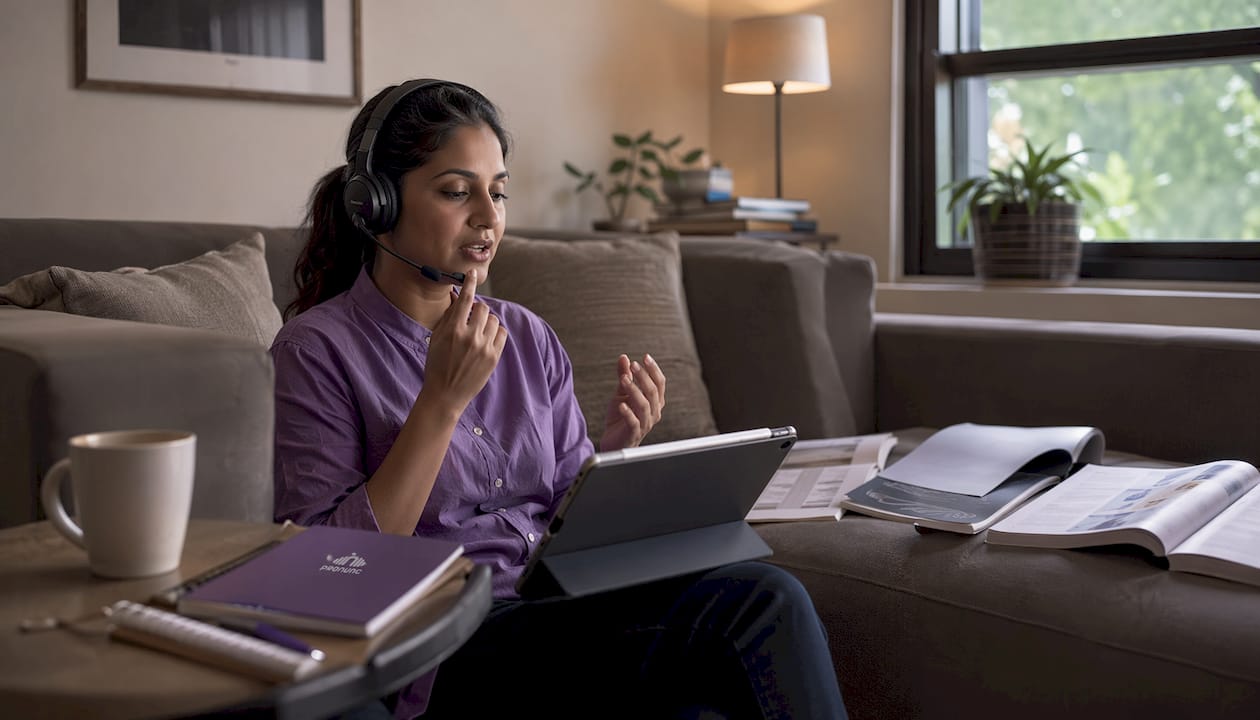 Woman practicing pronunciation with headset and tablet