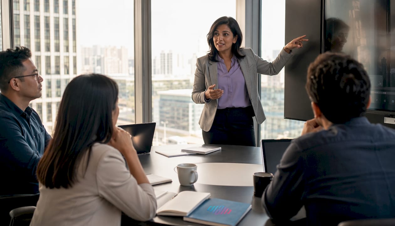 Confident professional woman presenting in IT meeting
