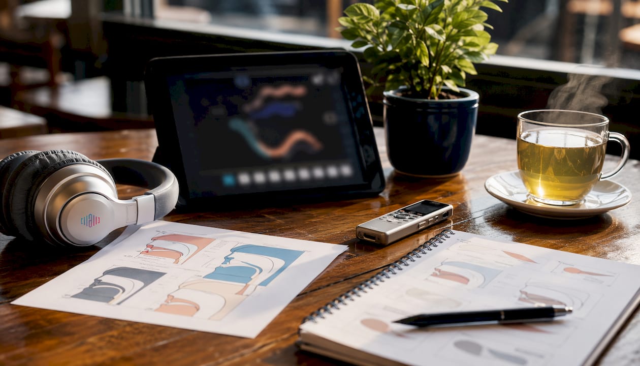 Close-up of interactive phonetic training tools on desk