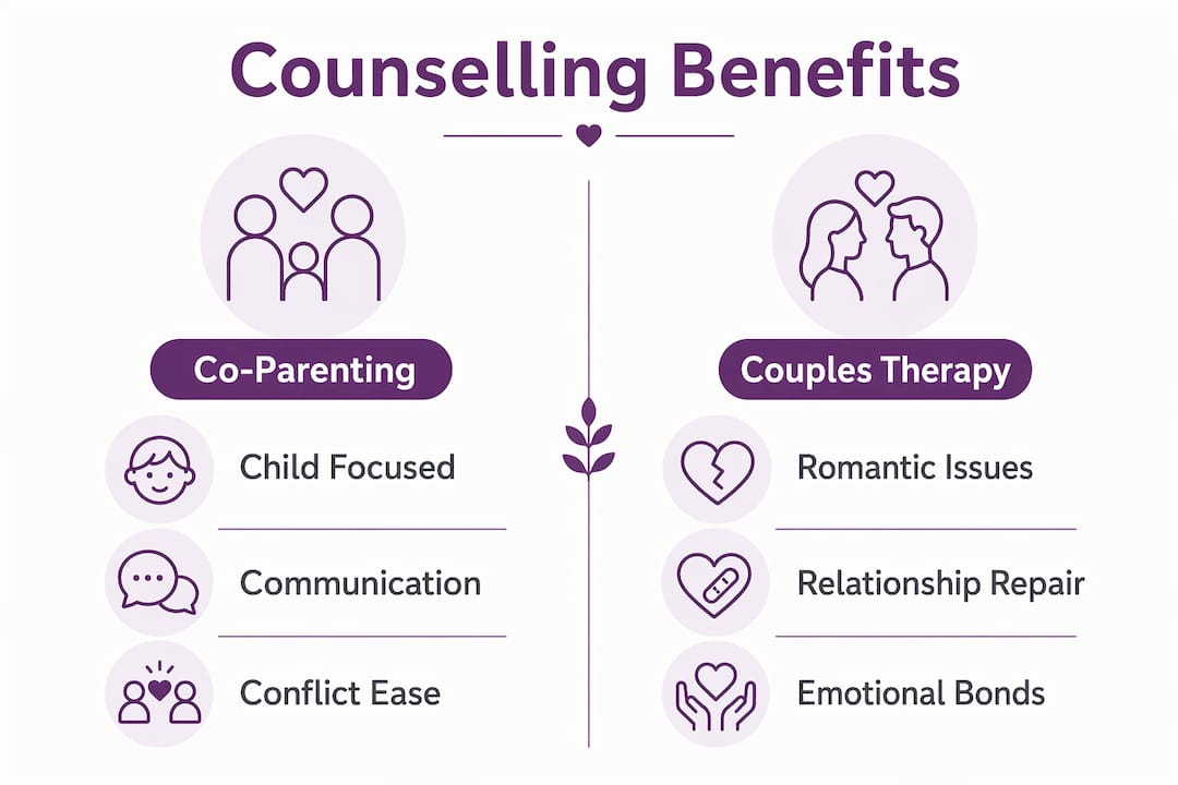 Infographic comparing co-parenting counselling and couples therapy benefits