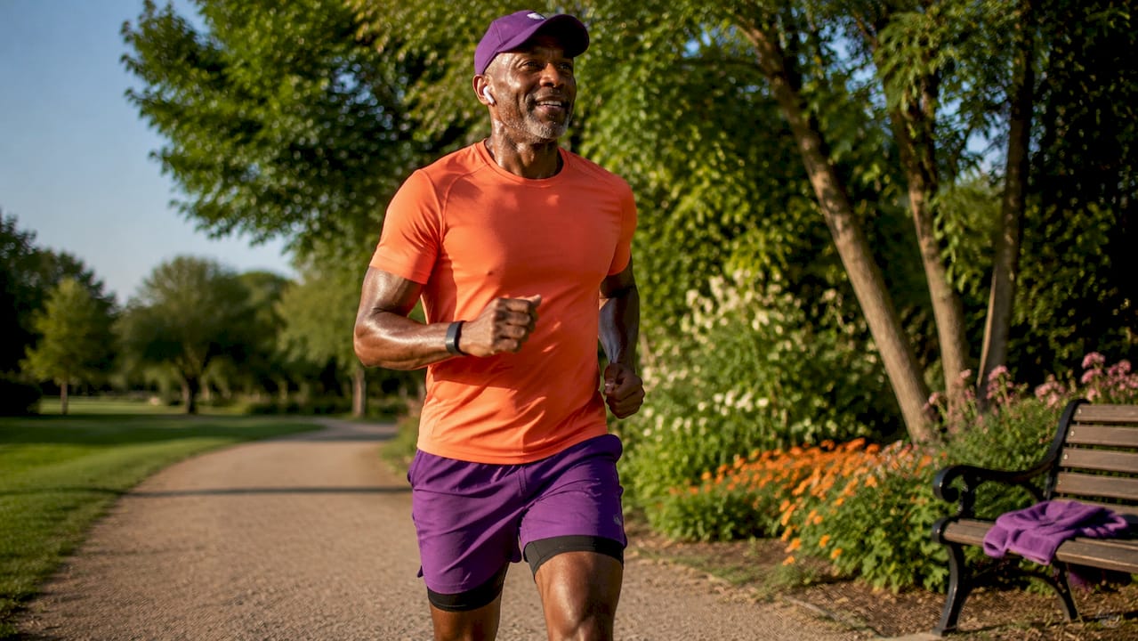 Middle-aged man jogging in park for mental wellness