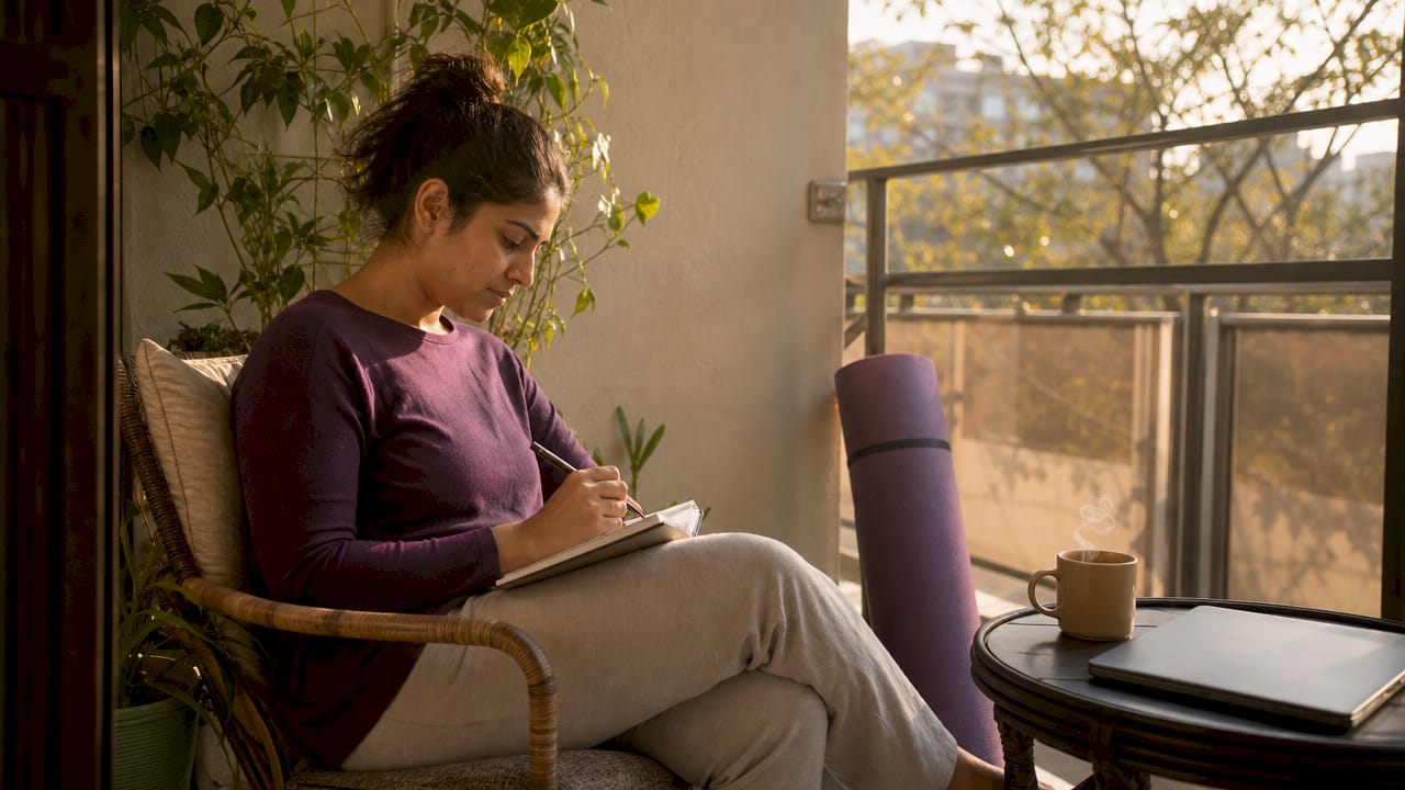 Person journaling morning mental health routine at home