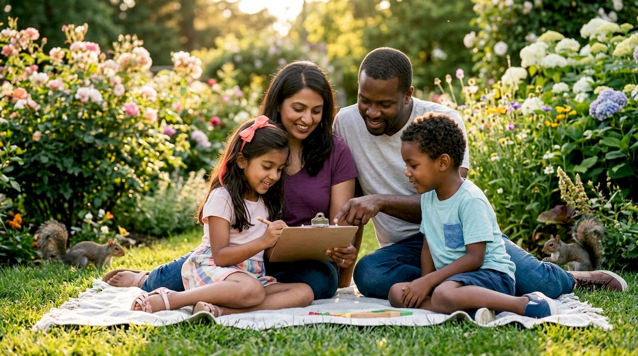 Family filling wellness checklist at home