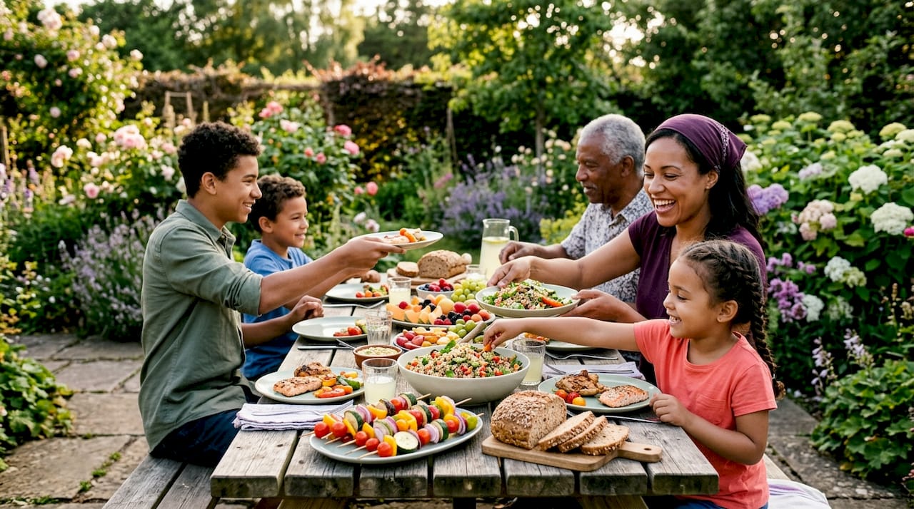 Balanced nutritious family meal on table