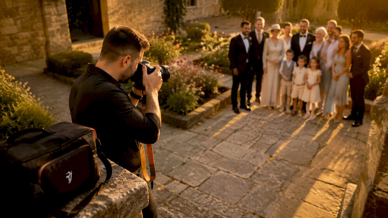Photographer taking formal family portrait outdoors